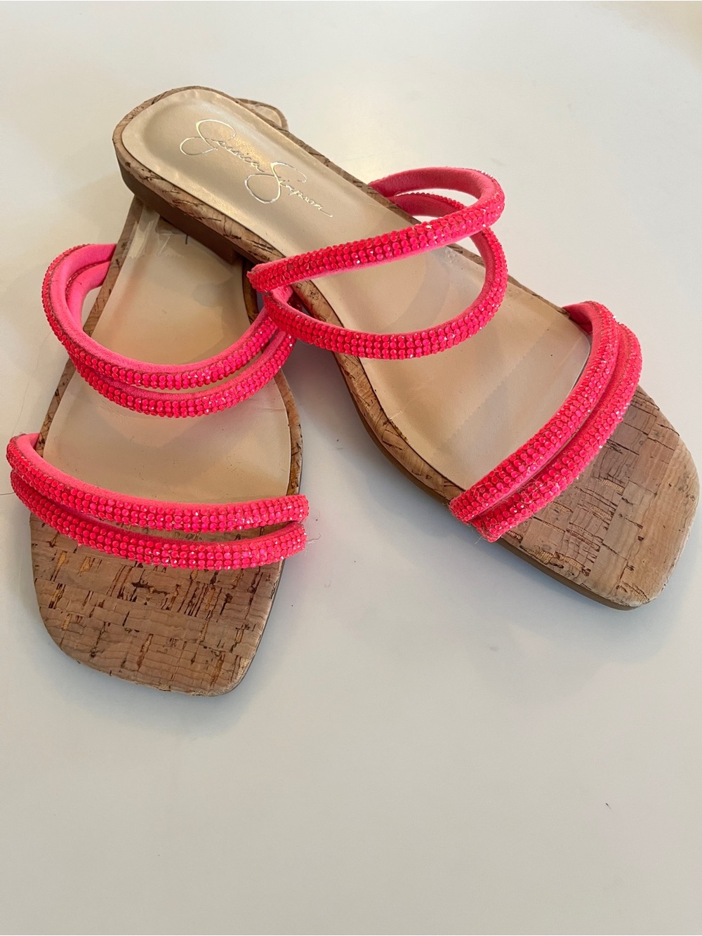 Jessica Simpson Bright Pink Rae e Beaded Cork Slide Sandals Size 9
